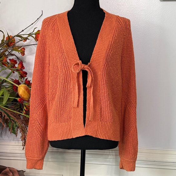 Madewell Orange Cotton Cable Knit Front Tie Long Sleeve Cardigan Sweater S - Picture 1 of 5